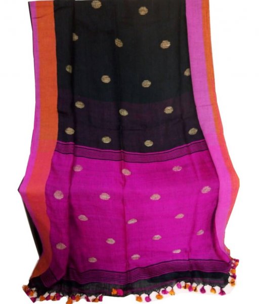 Black &amp; Pink Buti Ball Linen Saree